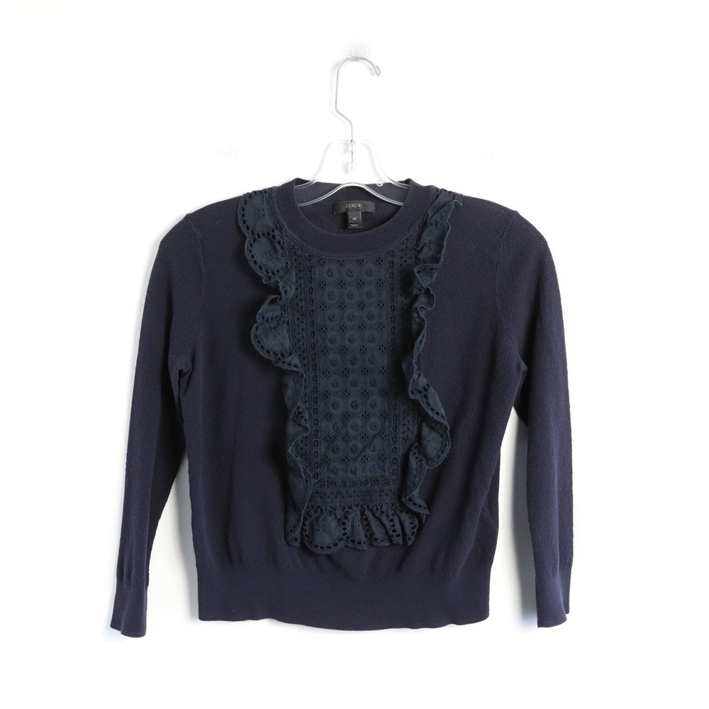 J Crew dark navy blue blouse front bib ruffle cropped knit top sweater romantic